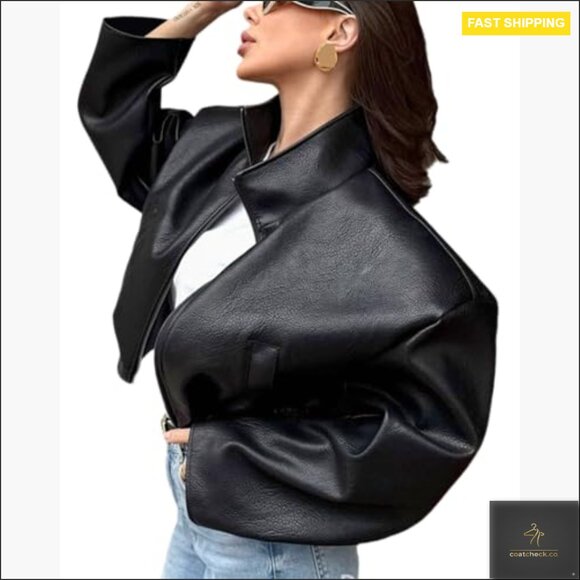 Oversized Faux Leather Bomber Jacket Women's Motorcycle Style Long Sleeve - Picture 6 of 6